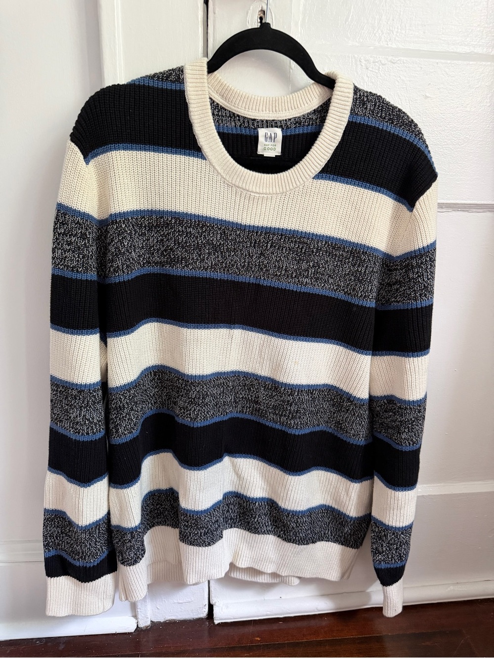 GAP Men’s Striped Crewneck Sweater in Black, Cream & Blue